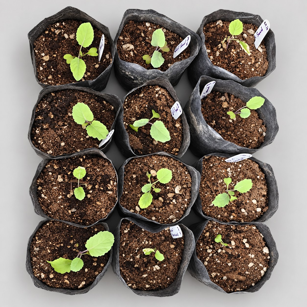 Mixed cauliflower varieties seedlings in nursery grow bags.