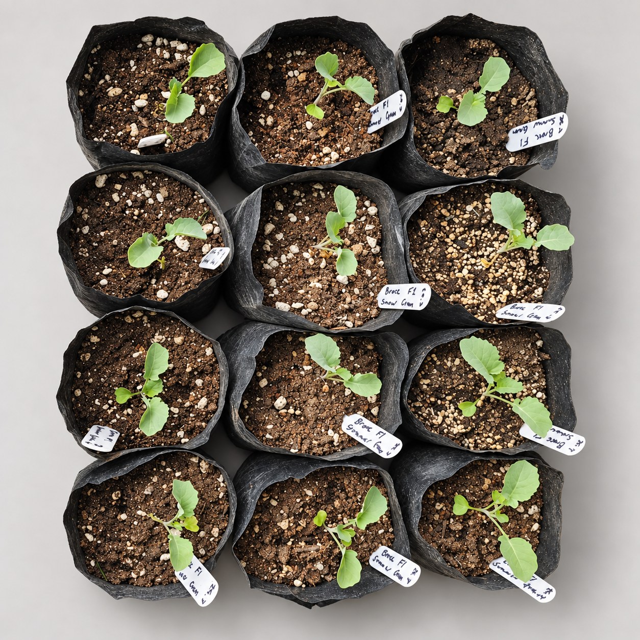 Broccoli Summer Green F1 seedlings in nursery grow bags.